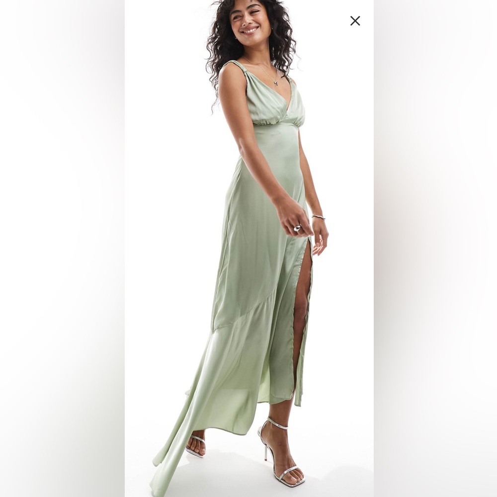 TFNC Sage Green Satin Slit Asymmetric Paneled Old Hollywood Dress US 6